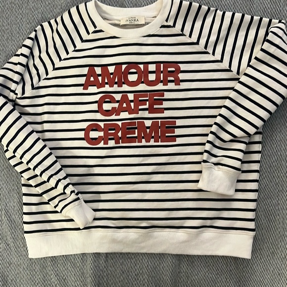 AMOUR CAFE CREME Print Crewneck Striped Sweatshirt Large White/Black - Picture 1 of 5
